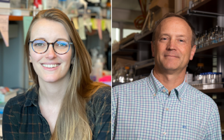 The image features two portraits side by side: Hannah Shorrock at left and Andy Berglund at right. Hannah, who has long brown hair, is wearing round glasses and a dark green plaid shirt. Andy is wearing a button down shirt with a pale blue and red checkered pattern. Both are smiling.