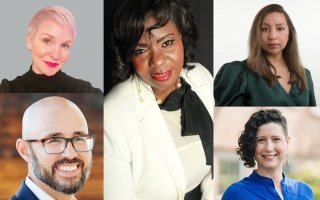 Composite image with five headshots of the featured presenters: Rachel Breidster, a woman with short pink hair and green sweater; Carol Tonge Mack, a woman with shoulder-length curled black hair, white blazer and white top; Aja Martinez, a woman wearing a green V-neck wrap dress and long brown hair; Kristi Clemens, a woman with half shaved head and curly brown hair swept to the left, wearing a bright blue top; Brian Arao, man with short beard wearing brown and teal rectangle-rimmed glasses.