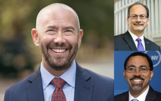 Composite image depicts three portraits of Judge Seth Marnin smiling outdoors in a suit and tie, UAlbany President Havidán Rodríguez in a suit and glasses outside, and SUNY Chancellor John B. King, Jr. in a suit and glasses against a blue backdrop with the SUNY logo.
