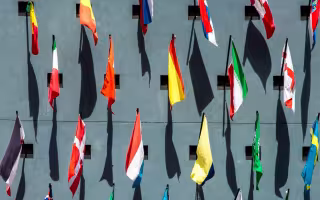 Flags of many nations, shot from above, with their shadows on a blue-gray background