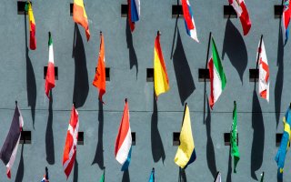 Flags of many nations, shot from above, with their shadows on a blue-gray background