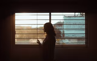 The silhouette of a woman is seen standing in front of a window with horizontal metal bars on it.