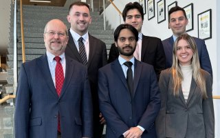 From left, Professor and Chair of Finance David Smith, Kevin Holder, Ashar Zahid, Tyler Rico, team leader Nohl Schwandtner and Sophia Hofer.