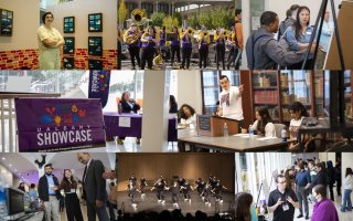 a collage of 8 photos showing art, marching band, dance and poster demonstrations 
