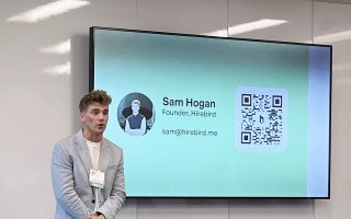 UAlbany MBA student and football player Sam Hogan presents his plan at the NY Business Competition.