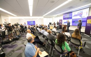 Senator Schumer addresses attendees at the ETEC Ops Command Center.