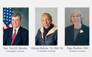 Composite image featuring portraits of the three laureates against a gray background. From left to right: Sen. Neil D. Breslin (Community Laureate), Gloria DeSole ’59, PhD ’69 (Community Laureate), and Elga Wulfert, PhD (Academic Laureate). Sen Breslin is wearing a dark blue suit and red tie, with and American flag behind him. Gloria DeSole is wearing a bark blue jacket with gold trim and a black scarf. Elga Wulfert is wearing a dark blue blazer and striped shirt. 