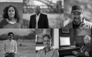 Composite image depicts six up-close portraits of American security workers in black and white.