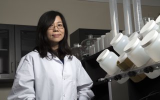 UAlbany Environmental and Sustainable Engineering Professor and Chair Yanna Liang stands in her lab in a white lab coat with many containers in the foreground. 