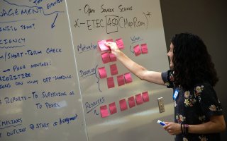 DAES Associate Professor Andrea Lang shares ideas on a whiteboard inside ETEC at the Mind the Gap workshop.