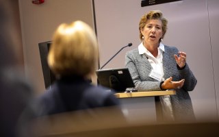 National Science Foundation Program Director for Industry-University Cooperative Research Centers Crystal Leach speaks at UAlbany's BioInnovation forum.