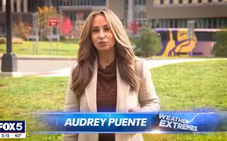 Audrey Puente of FOX 5 NY stands in front of the ETEC research and development complex.