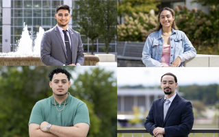 Composite image of four portraits of UAlbany students posing outdoors on campus