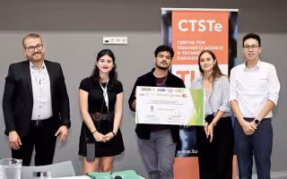UAlbany student Kevin Reyes, center, joins Dr. Shihab Al-Daffaie and teammates Ainhoa Castano, Diana Ionica and George Lin to celebrate their award at Eindhoven Semicon Summer School. (Photo provided)