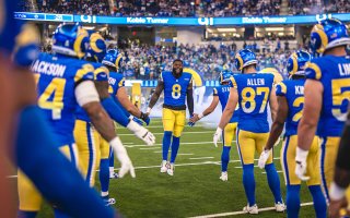 Jared Verse (8) was selected with the 19th pick in the 2024 NFL Draft. The former star player for the Great Danes was named the AP NFL Defensive Rookie of the Year. (Photo by Brevin Tonsell/L.A. Rams, used by permission)