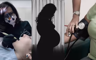 Composite image showing a dentist conducting an oral exam on a woman, a silhouette of a pregnant woman against a curtained window, and a woman taking a female patient's blood pressure.