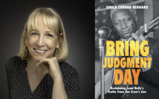 Side by side photos of a woman with short blonde hair smiling for a portrait and a book jacket featuring a guitar player that reads "Bring Judgment Day Reclaiming Lead Belly's Truths from Jim Crow's Lies"