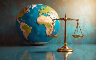 A gold balance scale in front of a world globe.