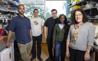 Five people smile for a group portrait in a lab. 