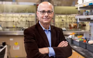 A bald man with dark glasses wearing a brown jacket and a blue buttoned shirt stands in the foreground of a chemistry research lab.