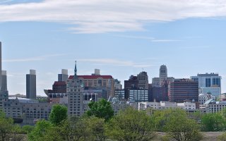 Skyline of Albany from across the Hudson River. 