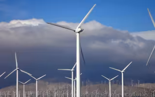 A field of wind turbines with dark clouds above them.