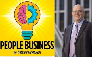 logo with lightbulb and the words "people business with o'brien mcmahon" next to a photo of a bald, smiling man with glasses and a pink tie