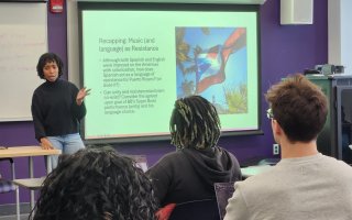 Lecturer Sherez Mohamed teaches students about the use of music as resistance.