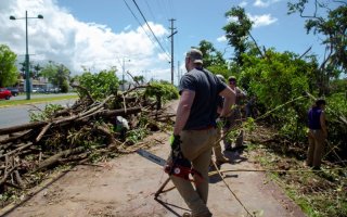 A man with his back to the camera holds a chainsaw in one hand while standing next to a pile of fallen limbs and other debris on a bright, sunny day.