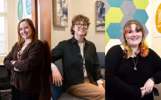 Composite image consisting of three individual portraits of young people smiling while posing indoors.