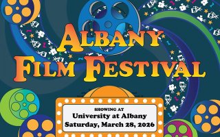 A logo for the 2026 Albany Film Festival held at UAlbany on Saturday, March 28, 2026 with orange lettering and a film reel.