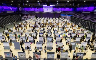 A birds eye view of Showcase presentations inside the Broadview Center.