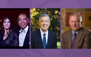 Three photos of the citizen laureates on a purple backdrop 