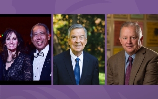 Three photos of the citizen laureates on a purple backdrop 