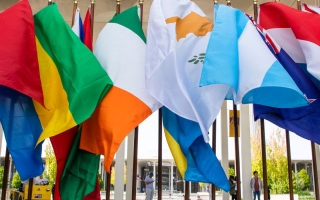 flags from different countries waving in the wind on UAlbany's campus 