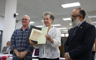 From left, UAlbany Professor Walter E. Little, National Library Director Ilonka Matute and Guatemala Minister of Culture and Sports Luis Méndez attend the presentation of a Popol Wuj facsimile at the Luis Cardoza y Aragón National Library in Guatemala City.