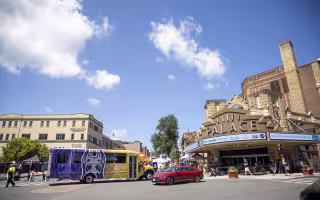 UAlbany bus next to the Palace Theater in downtown Albany.