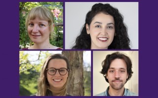 A four-photo collage against a purple background consisting of four smiling people facing the camera.