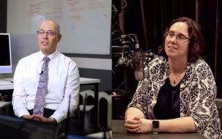 Side by side images of man in a shirt and tie and woman in a blouse speaking into a microphone