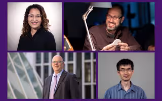 A four-photo collage of headshots of smiling people arranged two on top of two against a purple backdrop.