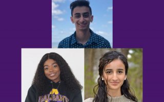 Three photos in a purple background show Andrew Eldiery at top, Chidiogo Igboekwe, bottom left, and Sana Effendi, bottom right.