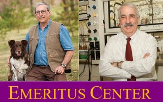 side-by-side photos show retired Professor Gary Kleppel with his dog and retired Professor Eric Block in his lab
