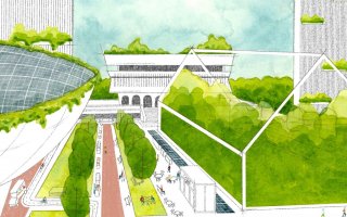 Drawing by Cara Hanley shows green roofs and a greenhouse at the Empire State Plaza