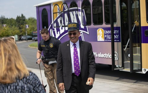 UAlbany President Havidan Rodriguez introduces UAlbany to the new electric trolley.
