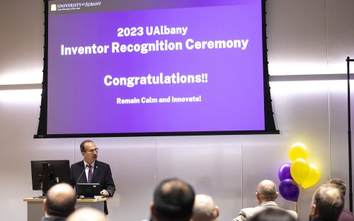 UAlbany President Havidan Rodriguez welcomes guests to the 2023 Inventor Recognition Ceremony.