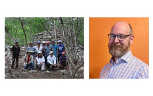 A composite with photos of Anthropology students in the field on the left and a headshot of Adam Gordon against an orange background on the right.