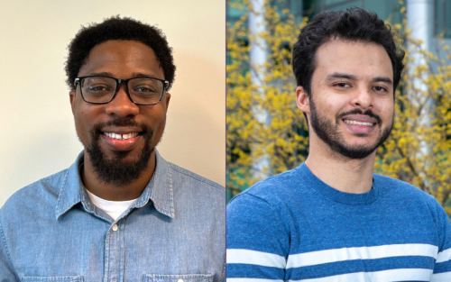  This composite image features two side by side headshots. Emmanuel Edem Adade is at left. Smiling, with a short beard, he is wearing black rectangular-rimmed glasses and a blue denim button down shirt. At right, Jesus Frias smiles in a blue sweater with white stripes. A tree with yellow blossoms is in the background. 