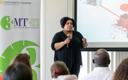 Alexis Weber presents her work at the 3-Minute Thesis competition at UAlbany in March.