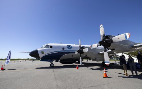 A NOAA Hurricane Hunter stationed on the tarmac of the Albany International Airport. 
