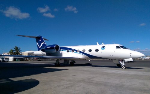 A NOAA G-IV jet prepares for takeoff from Honolulu, Hawaii.